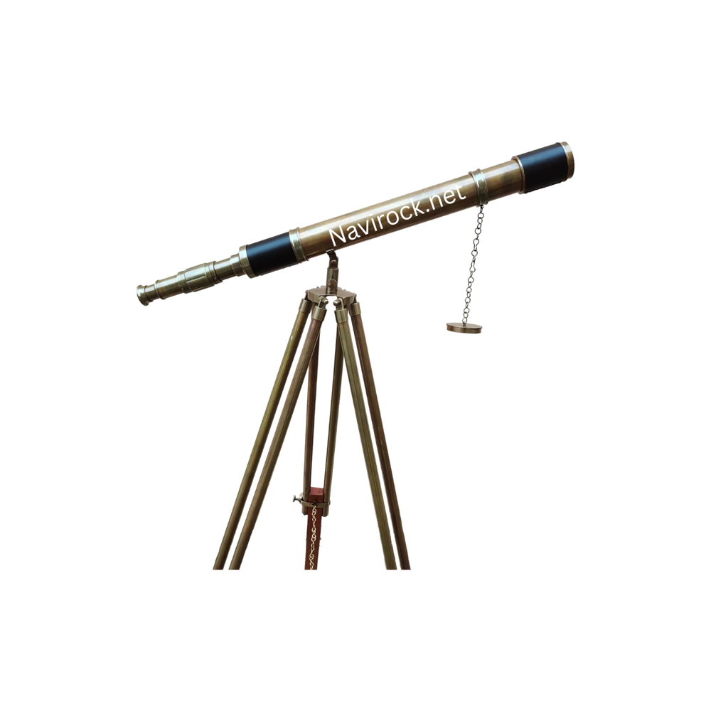 Vintage Brass Telescope  Black Leather Wrapped Single Barrel with Brown Wooden Tripod