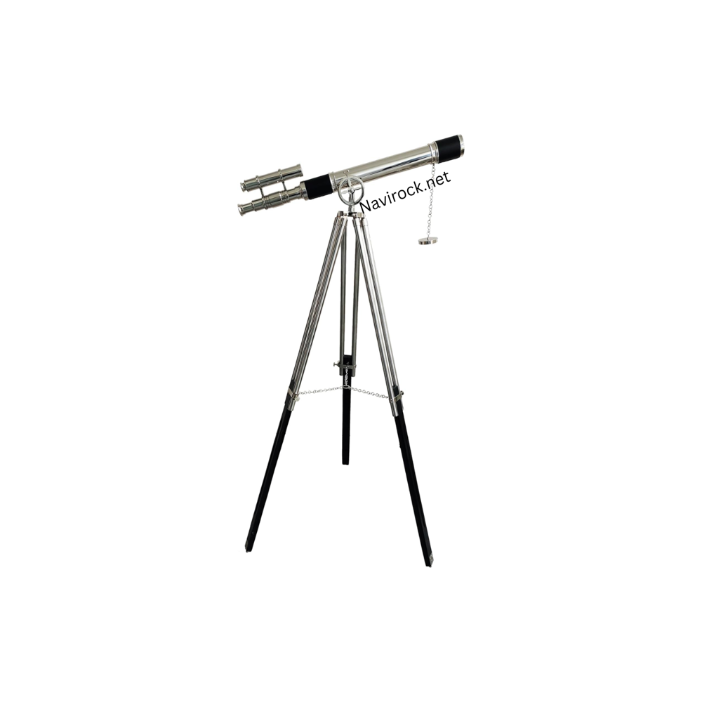 Vintage Royal Nickel Finish Telescope Floor Standing Wooden Brass Black Tripod Stand