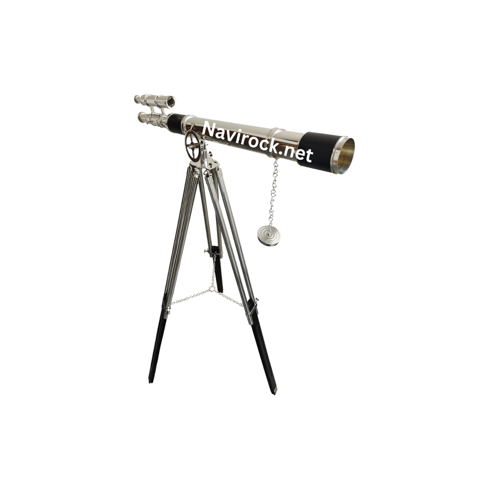 Vintage Royal Nickel Finish Telescope Floor Standing Wooden Brass Black Tripod Stand