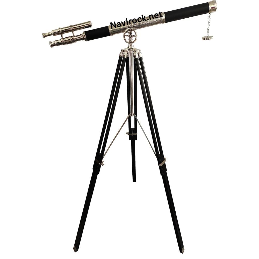Vintage Chrome Brass Telescope 6 Nickel Finish with Black Wooden Tripod