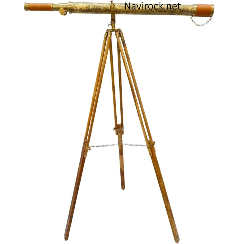 Vintage Brass Telescope Solid Antique Brass Marine Telescope Texture Leather Premium Wooden Tripod
