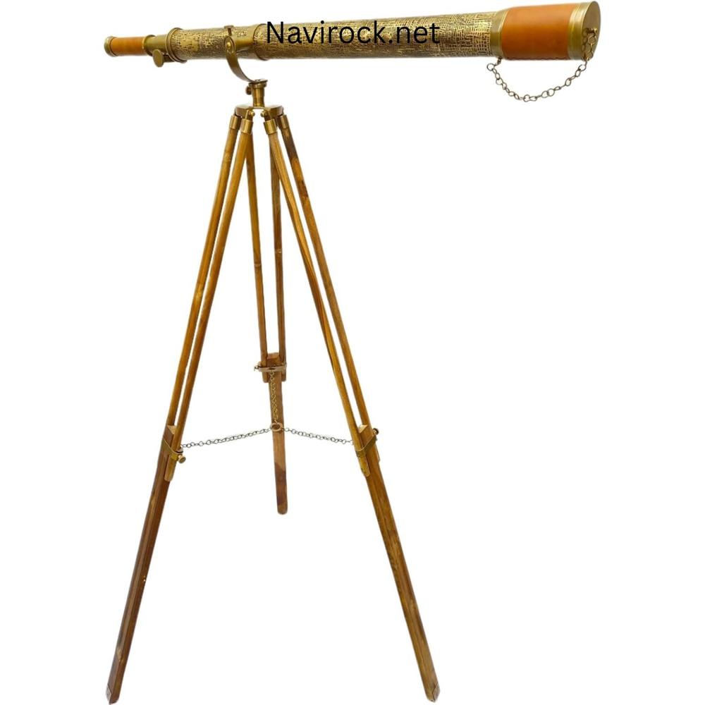 Vintage Brass Telescope Solid Antique Brass Marine Telescope Texture Leather Premium Wooden Tripod