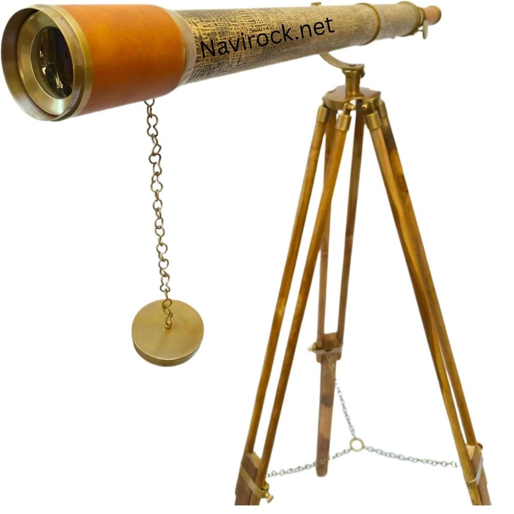 Vintage Brass Telescope Solid Antique Brass Marine Telescope Texture Leather Premium Wooden Tripod