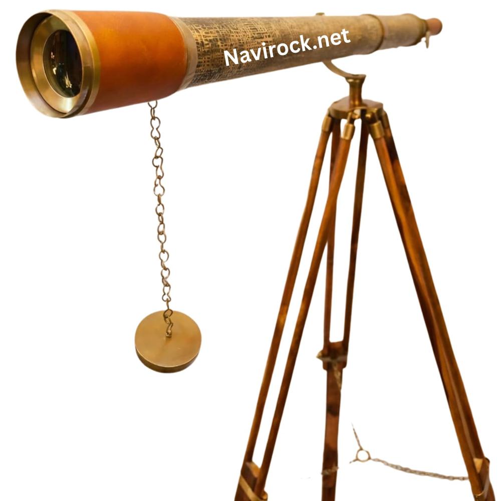 Vintage Brass Telescope Solid Antique Brass Marine Telescope Texture Leather Premium Wooden Tripod