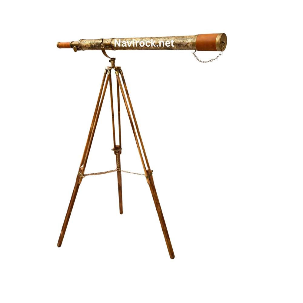 Vintage Brass Telescope Solid Antique Brass Marine Telescope Texture Leather Premium Wooden Tripod