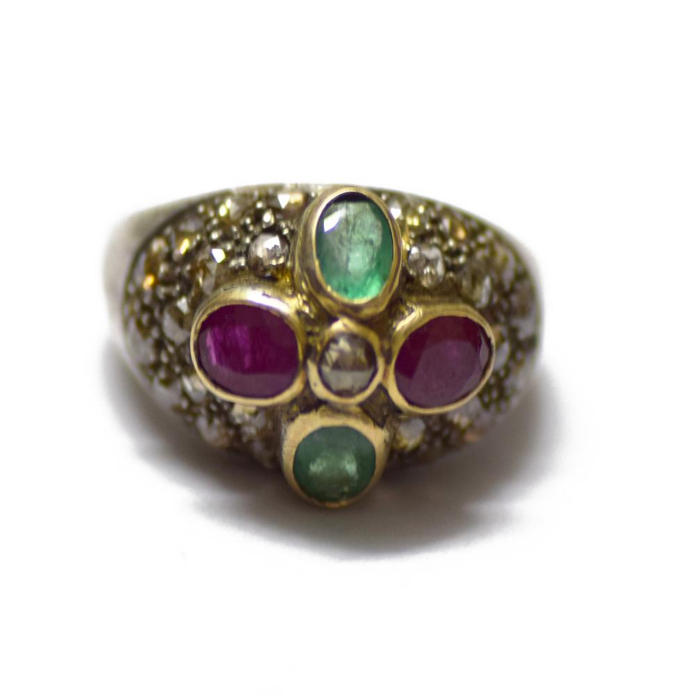 Emerald ruby diamond silver gold handmade victorian ring