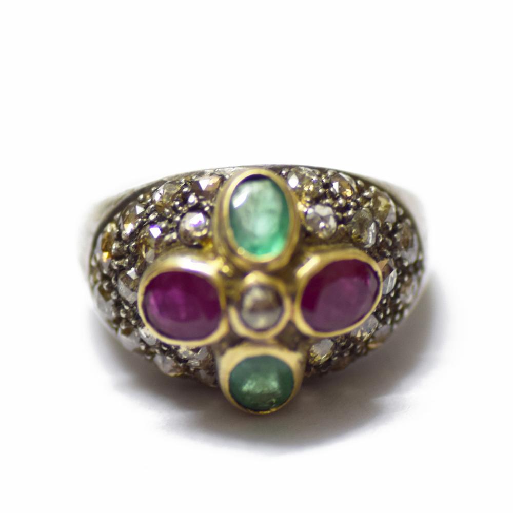 Emerald Ruby Diamond Silver Gold Handmade Victorian Ring - Color: Green