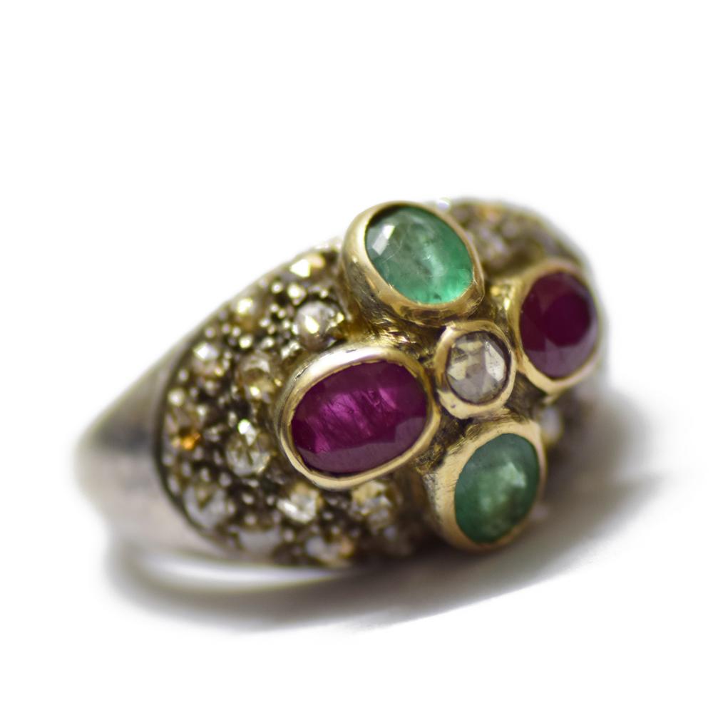 Emerald Ruby Diamond Silver Gold Handmade Victorian Ring - Color: Green
