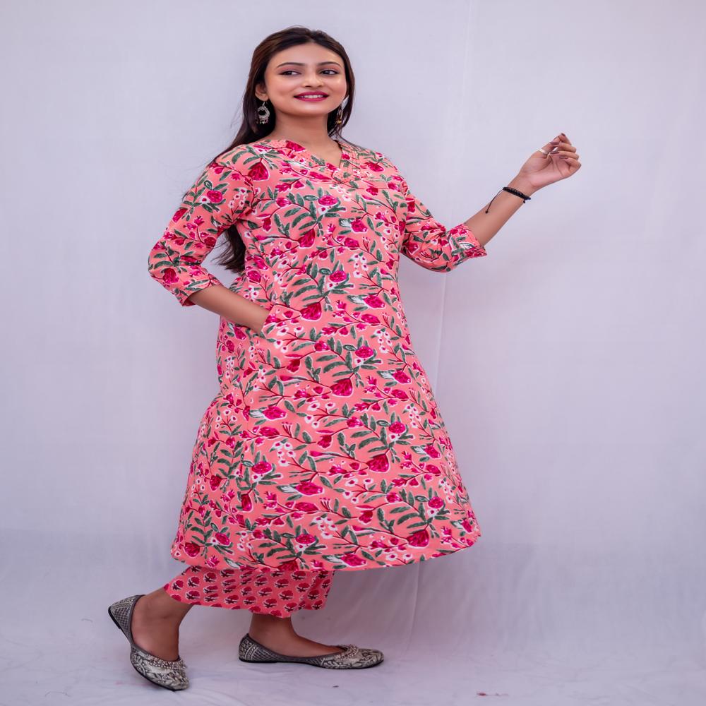 Cotton Two Piece Kurta Pant Set Pink