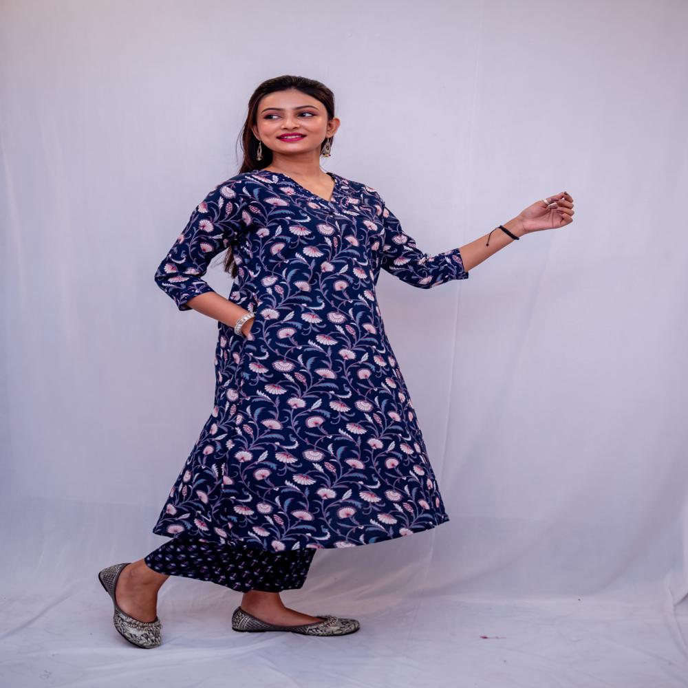 Cotton Two Piece Kurta Pant Set Navy Blue