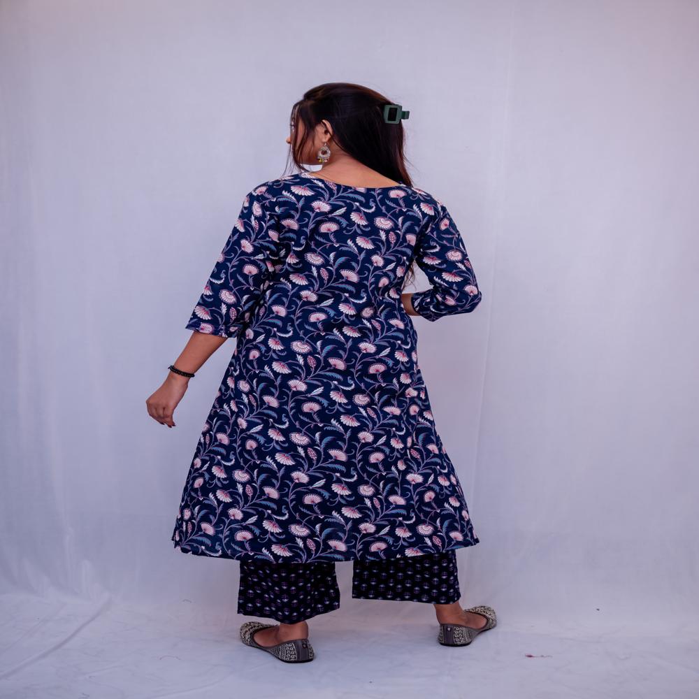 Cotton Two Piece Kurta Pant Set Navy Blue