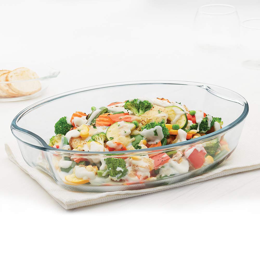 Borosil 2.5 L Baking & Serving Dish with Handle | Bowl Container | Borosilicate Glass Bakeware and Serveware Casserole Dish Tray | Microwave, Oven & Dishwasher Safe | Transparent IH22OVD7225