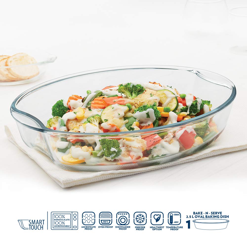 Borosil 2.5 L Baking & Serving Dish with Handle | Bowl Container | Borosilicate Glass Bakeware and Serveware Casserole Dish Tray | Microwave, Oven & Dishwasher Safe | Transparent IH22OVD7225