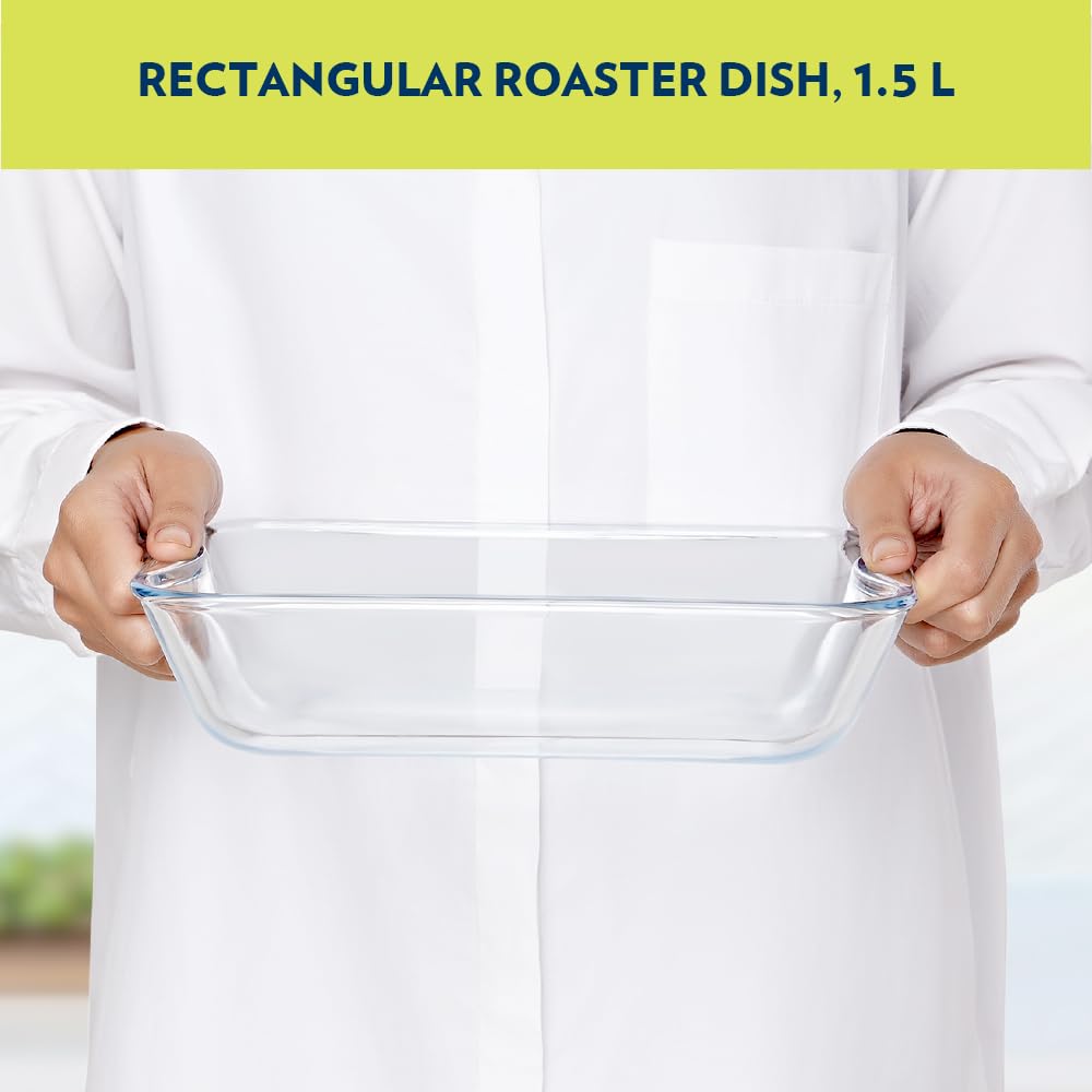 Borosil 1 pc Set of Baking Dish Set with Handle | Rectangular Shape Bowl Container (1.5 L Each) | Borosilicate Glass Bake and Serve Dish Tray | Microwave, Oven & Dishwasher Safe IH22RCR7215