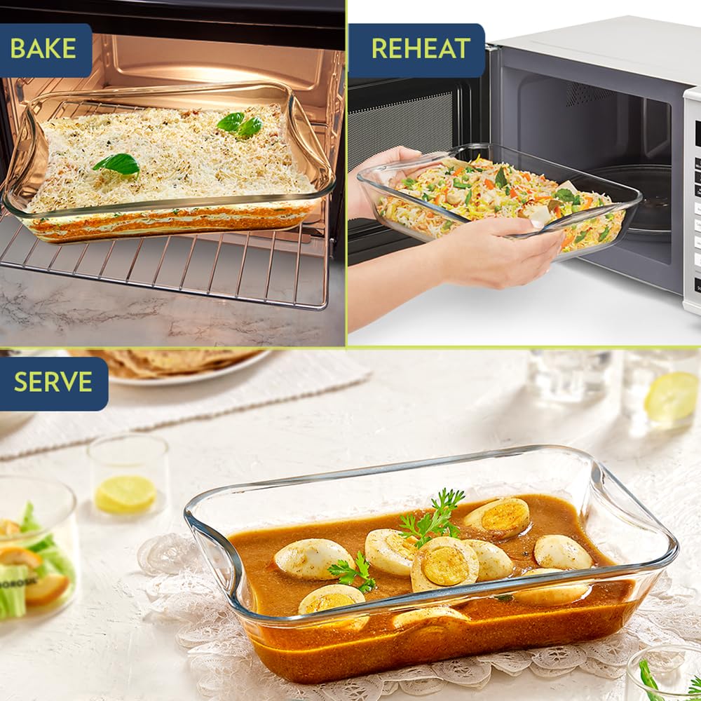 Borosil 1 pc Set of Baking Dish Set with Handle | Rectangular Shape Bowl Container (1.5 L Each) | Borosilicate Glass Bake and Serve Dish Tray | Microwave, Oven & Dishwasher Safe IH22RCR7215