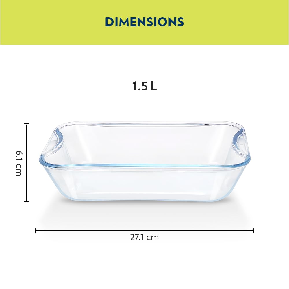Borosil 1 pc Set of Baking Dish Set with Handle | Rectangular Shape Bowl Container (1.5 L Each) | Borosilicate Glass Bake and Serve Dish Tray | Microwave, Oven & Dishwasher Safe IH22RCR7215