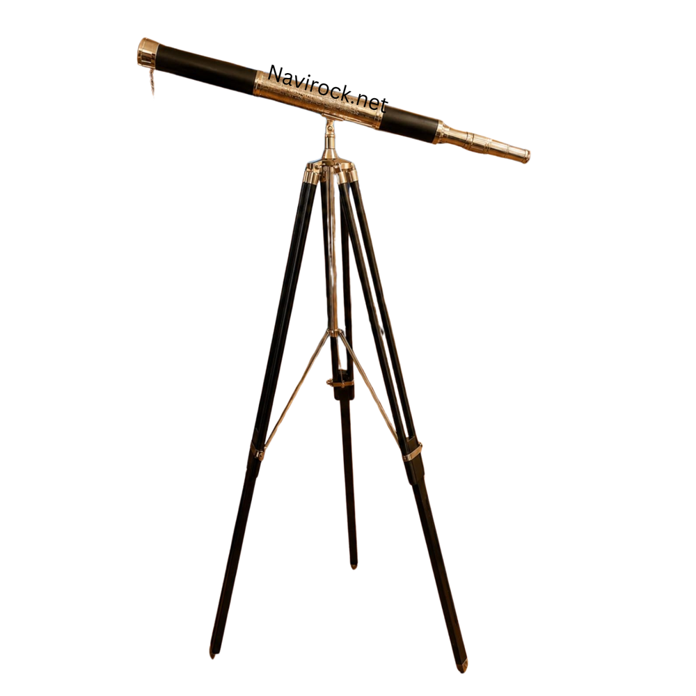 Vintage Marine Brass Telescope Single Barrel with Black Floor Tripod, Nautical Antique Home & Office Decor