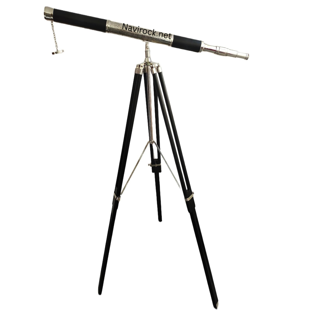 Vintage Marine Brass Telescope Single Barrel with Black Floor Tripod, Nautical Antique Home & Office Decor