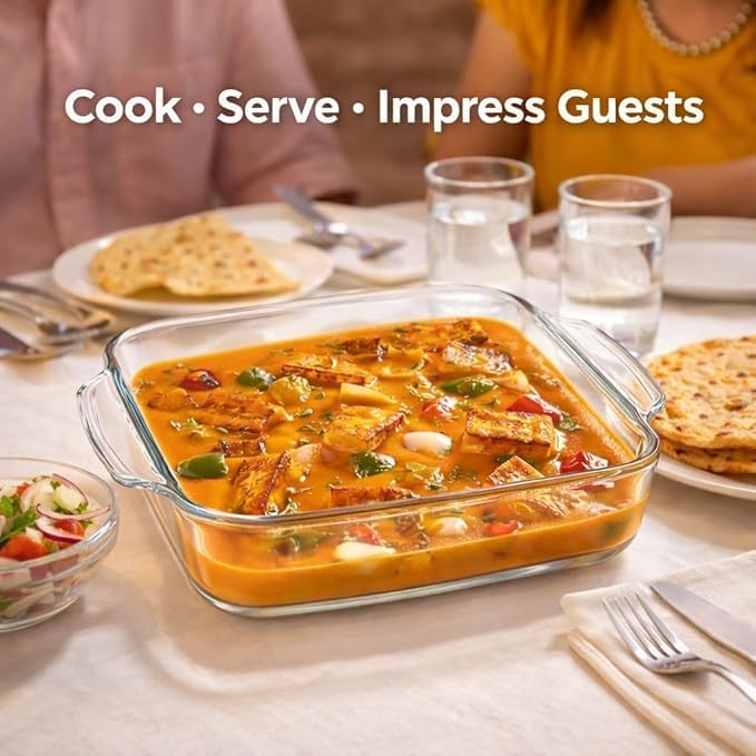 Borosil 1.6L Borosilicate Square Glass Baking Dish,Clear,Oven Safe|Microwave,Oven&Dishwasher Safe Bowl Transparent|Borosilicate Glass Round Shape Bakeware and Serveware Casserole Dish Tray. ICLSQLS120216
