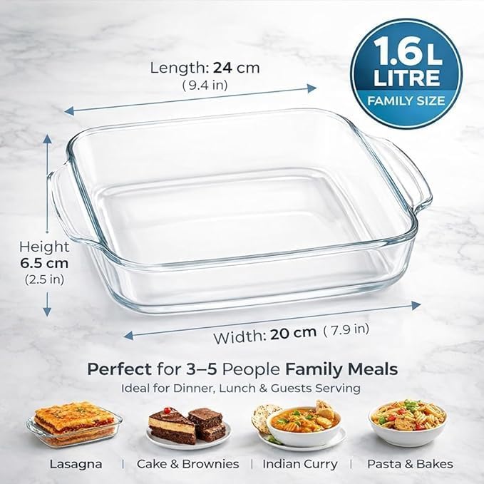 Borosil 1.6L Borosilicate Square Glass Baking Dish,Clear,Oven Safe|Microwave,Oven&Dishwasher Safe Bowl Transparent|Borosilicate Glass Round Shape Bakeware and Serveware Casserole Dish Tray. ICLSQLS120216