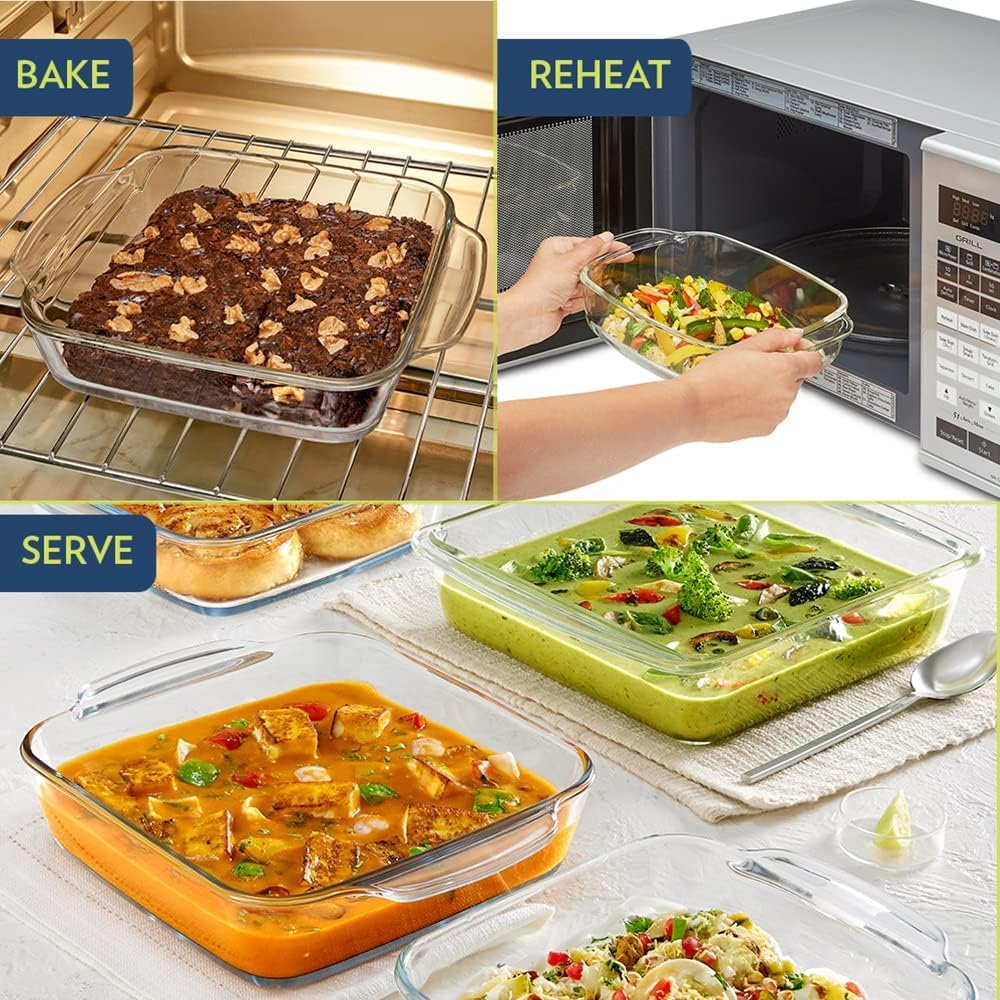 Borosil 1.6L Borosilicate Square Glass Baking Dish,Clear,Oven Safe|Microwave,Oven&Dishwasher Safe Bowl Transparent|Borosilicate Glass Round Shape Bakeware and Serveware Casserole Dish Tray. ICLSQLS120216