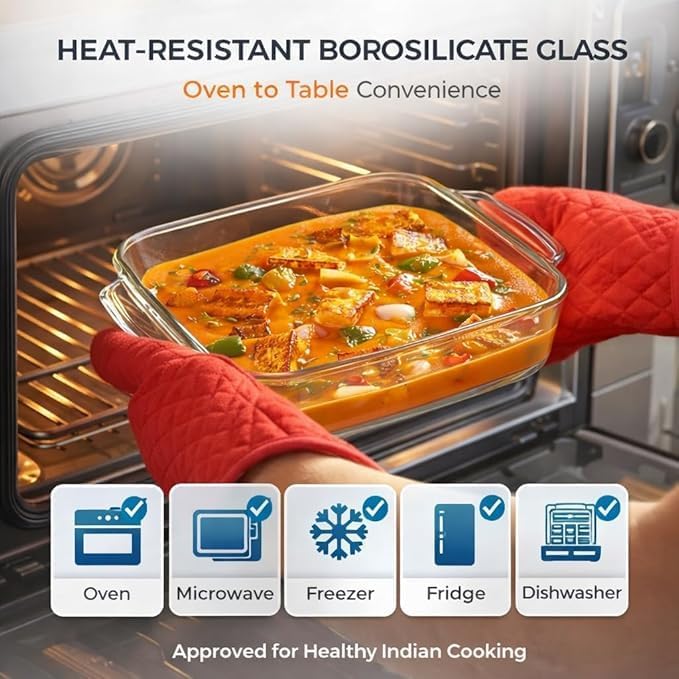 Borosil 800 ML Glassox Borosilicate Square Glass Baking Dish,Clear,Oven Safe|Microwave,Oven&Dishwasher Safe Bowl Transparent|Borosilicate Glass Round Shape Bakeware and Serveware Casserole Dish Tray. ICLSQLS120108