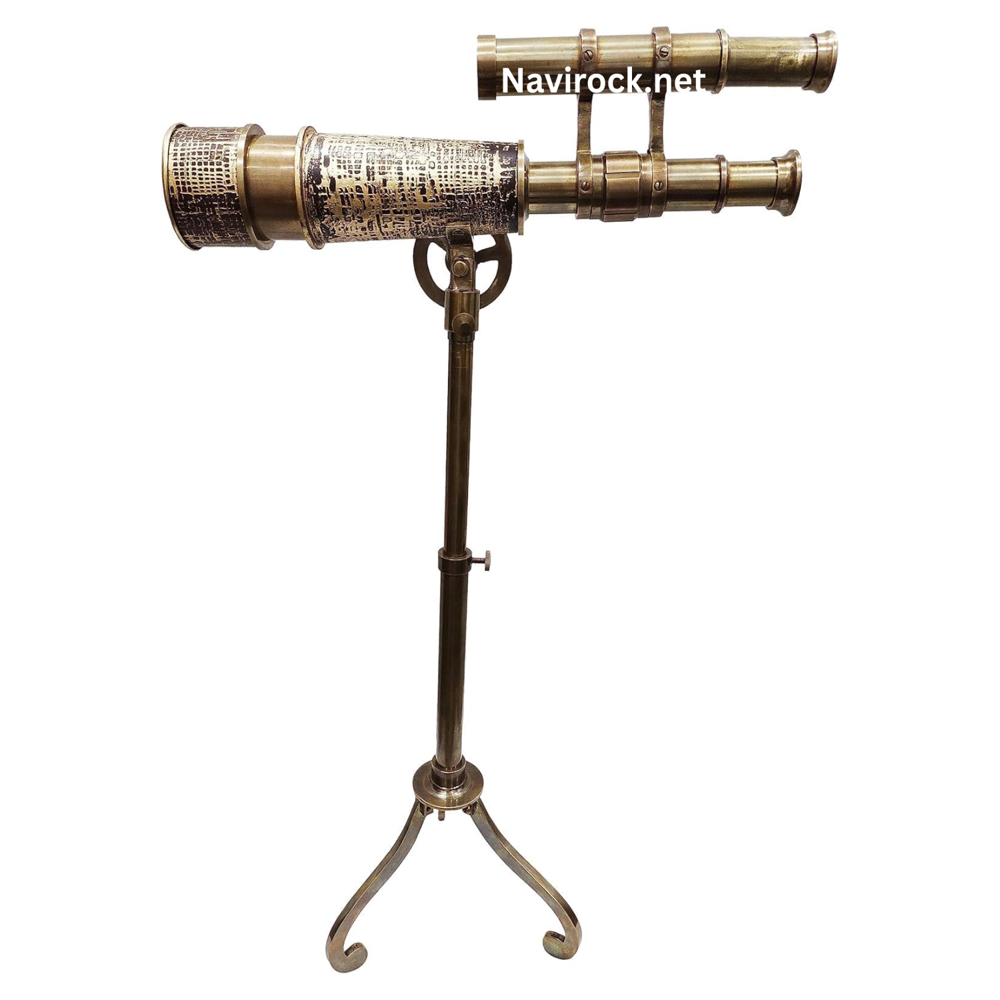Vintage Antique Brass Telescope with Finder Scope on Brass Stand, Engraved Nautical Spyglass Replica, Maritime Home Office Decor, Collectible Explorer Display Piece