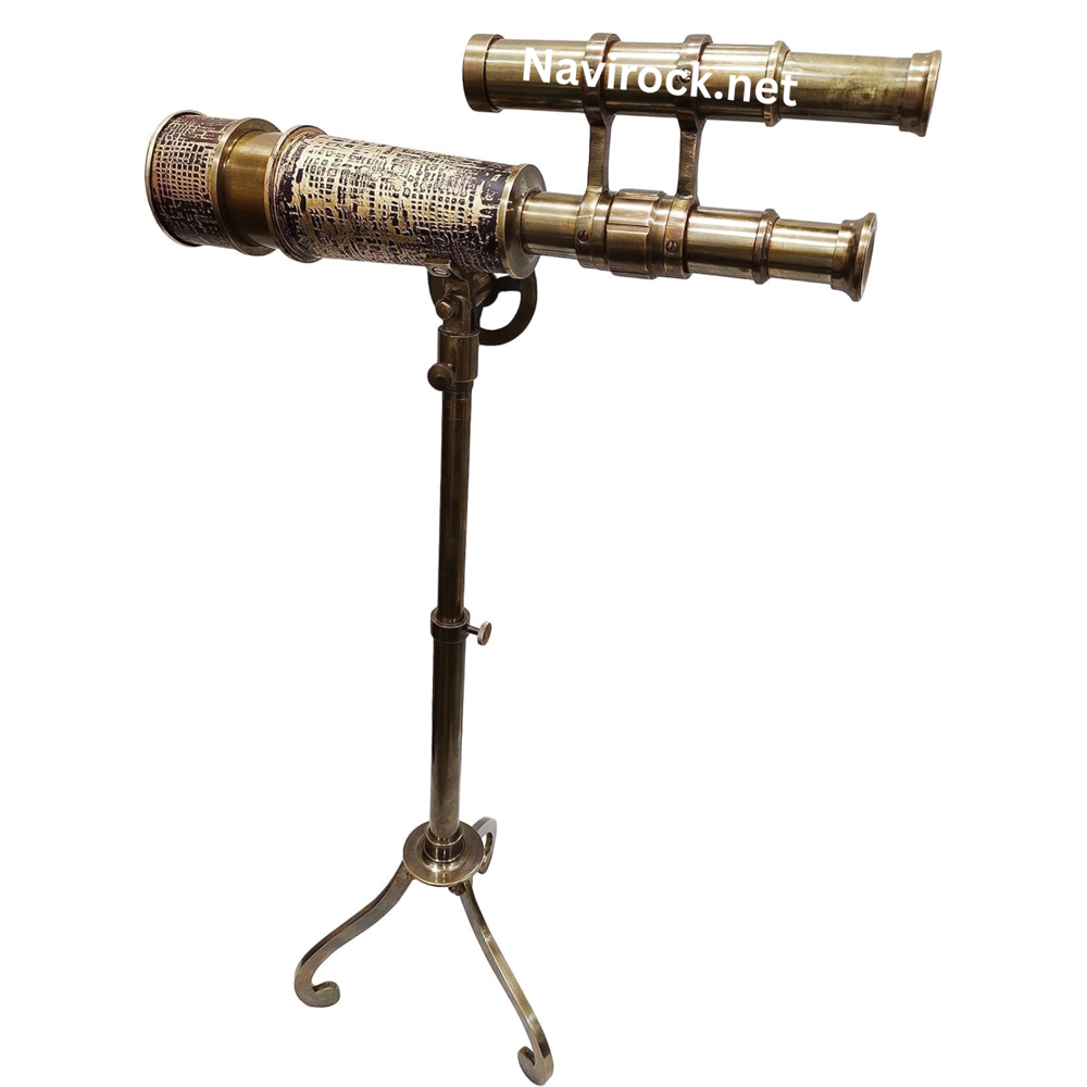 Vintage Antique Brass Telescope with Finder Scope on Brass Stand, Engraved Nautical Spyglass Replica, Maritime Home Office Decor, Collectible Explorer Display Piece