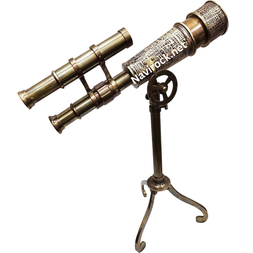 Vintage Antique Brass Telescope with Finder Scope on Brass Stand, Engraved Nautical Spyglass Replica, Maritime Home Office Decor, Collectible Explorer Display Piece