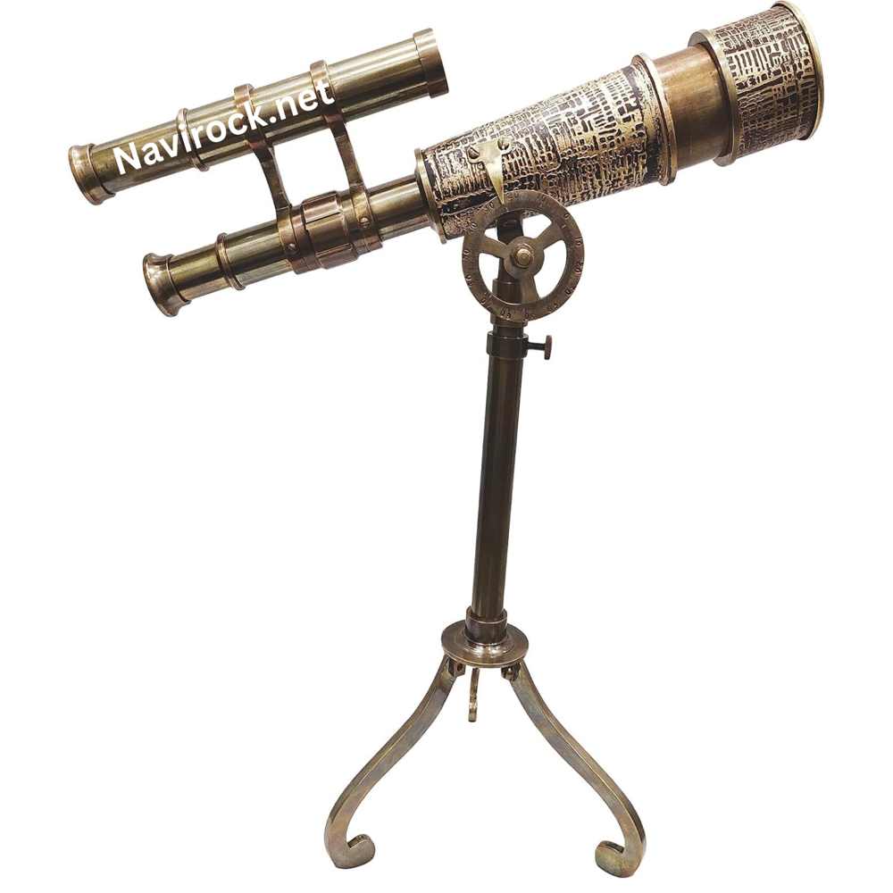 Vintage Antique Brass Telescope with Finder Scope on Brass Stand, Engraved Nautical Spyglass Replica, Maritime Home Office Decor, Collectible Explorer Display Piece