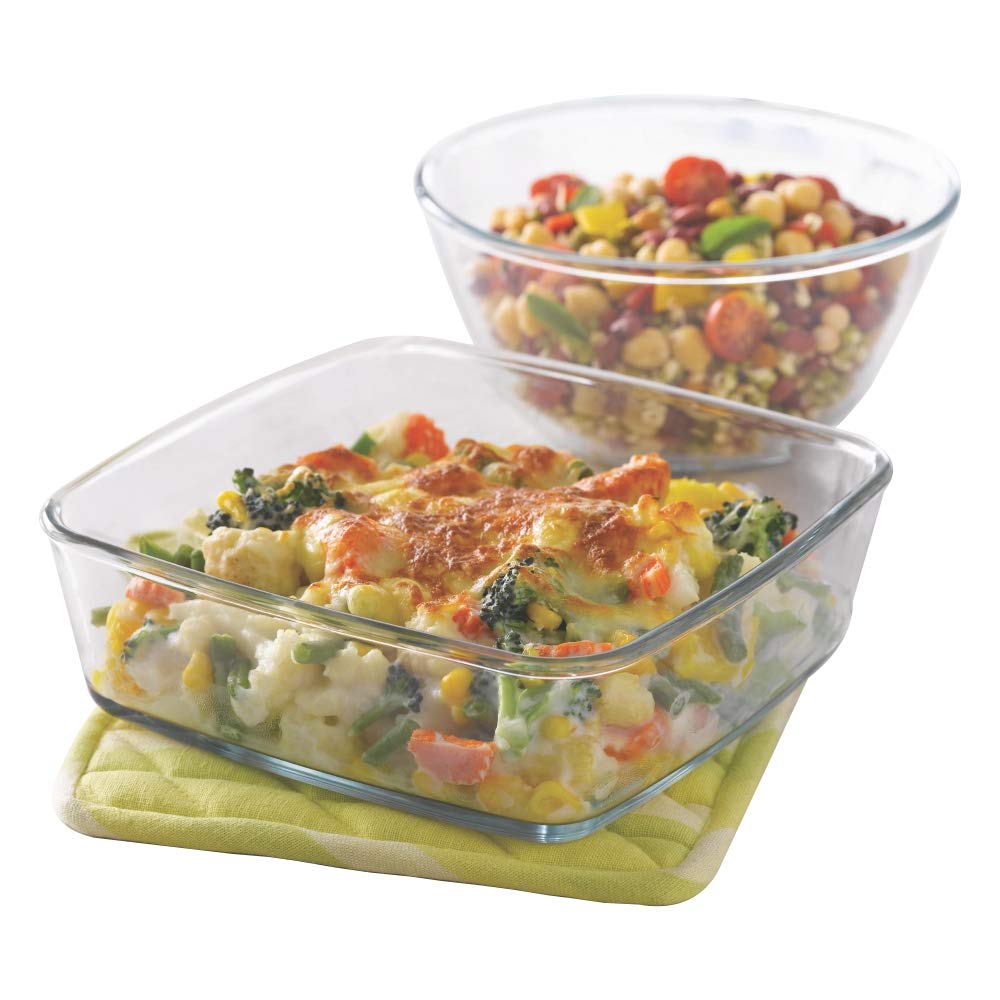 Borosil Glass Mixing Bowl & Square Dish Set with Lids, Microwave Safe, Borosilicate Glass, Transparent, 1.3 L & 1.6 L, Standard, IH77GS02702