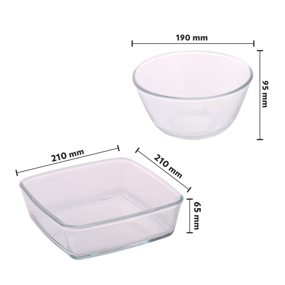 Borosil Glass Mixing Bowl & Square Dish Set with Lids, Microwave Safe, Borosilicate Glass, Transparent, 1.3 L & 1.6 L, Standard, IH77GS02702