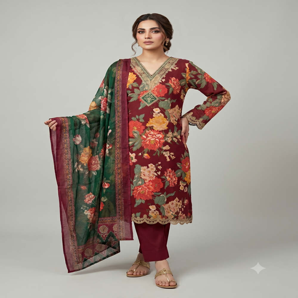 Kashmiri Suit with Print Work - Pakistani Style