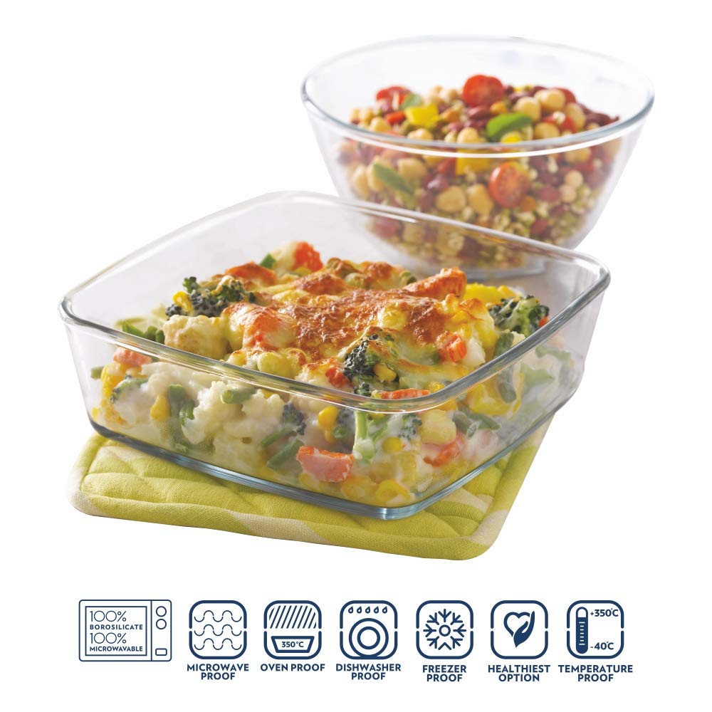 Borosil Glass Mixing Bowl & Square Dish Set with Lids, Microwave Safe, Borosilicate Glass, Transparent, 800 ml + 1.3 L, Standard,  IH77GS03702