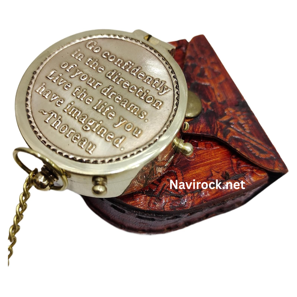 Vintage Brass Compass with Chain  Engraved, Leather Carry Case, Adventure & Your Dreams. Copper Antique Dial Marine Shiny Brass