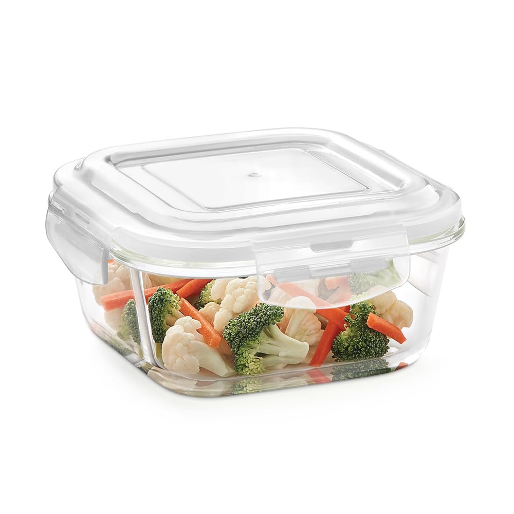 Borosil 520ml Klip n Store Square Glass Food Storage Container with Air Tight Lid | Borosilicate Glass Container for Lunchbox | Microwave & Dishwasher Safe BGFGBKNS0106