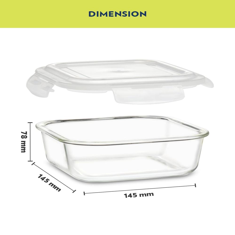 Borosil 520ml Klip n Store Square Glass Food Storage Container with Air Tight Lid | Borosilicate Glass Container for Lunchbox | Microwave & Dishwasher Safe BGFGBKNS0106