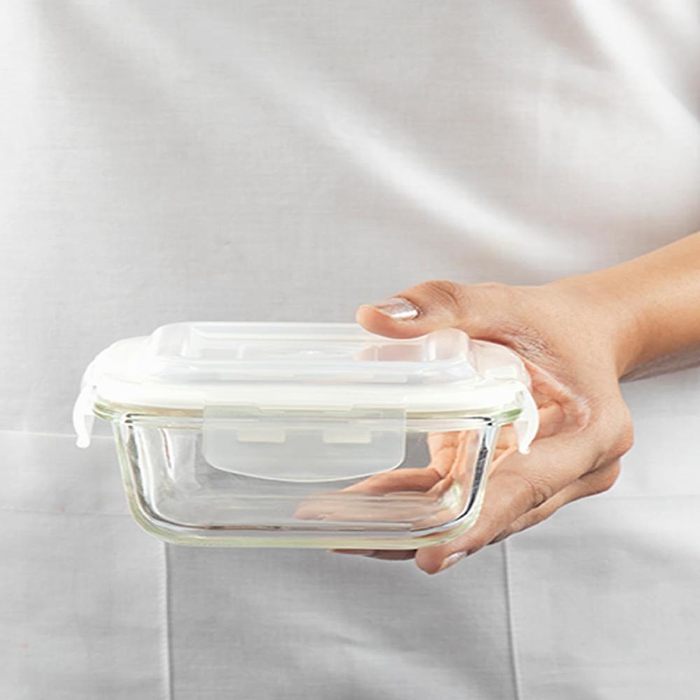 Borosil 520ml Klip n Store Square Glass Food Storage Container with Air Tight Lid | Borosilicate Glass Container for Lunchbox | Microwave & Dishwasher Safe BGFGBKNS0106
