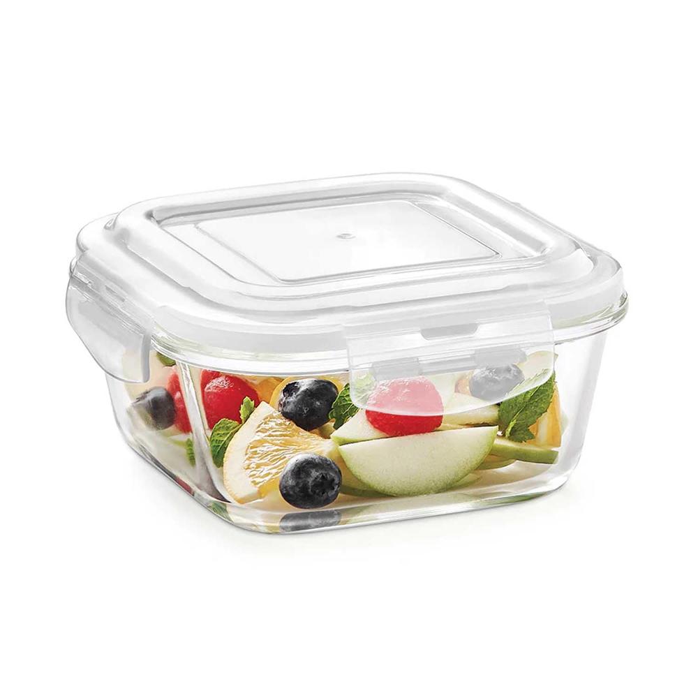 Borosil 320ml Klip n Store Square Glass Food Storage Container with Air Tight Lid | Borosilicate Glass Container for Lunchbox | Microwave & Dishwasher Safe BGFGBKNS0105