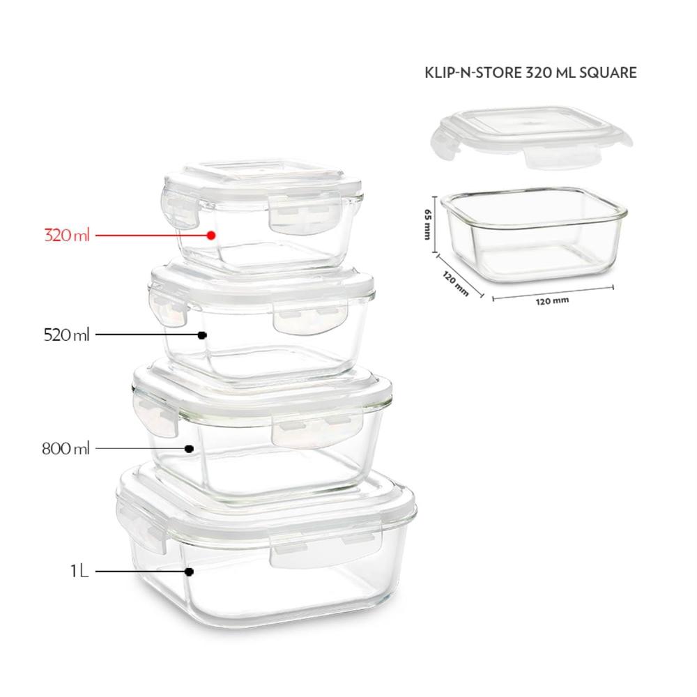Borosil 320ml Klip n Store Square Glass Food Storage Container with Air Tight Lid | Borosilicate Glass Container for Lunchbox | Microwave & Dishwasher Safe BGFGBKNS0105