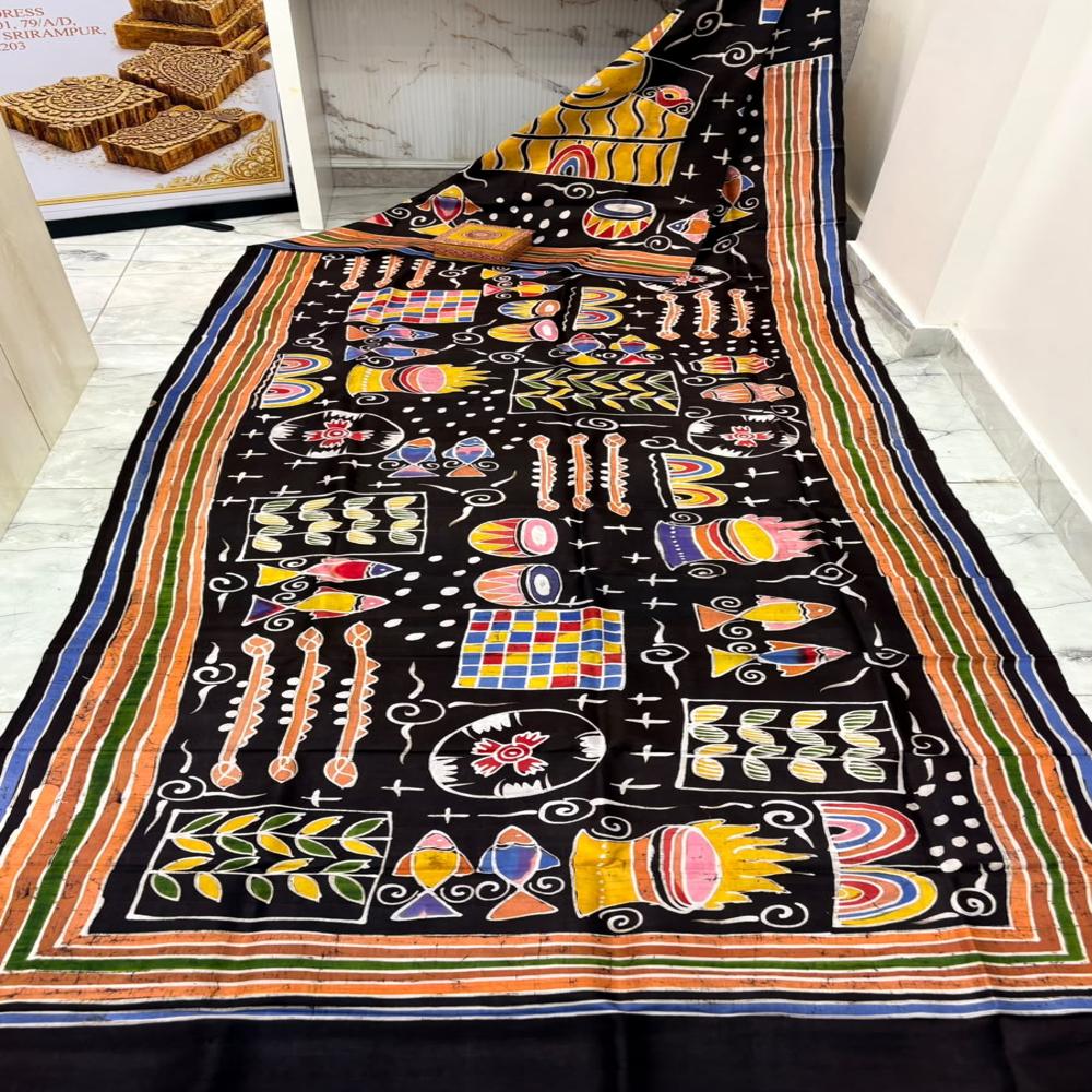 PURE MURSHIDABAD SILK HAND BATIK PRINTED SAREE