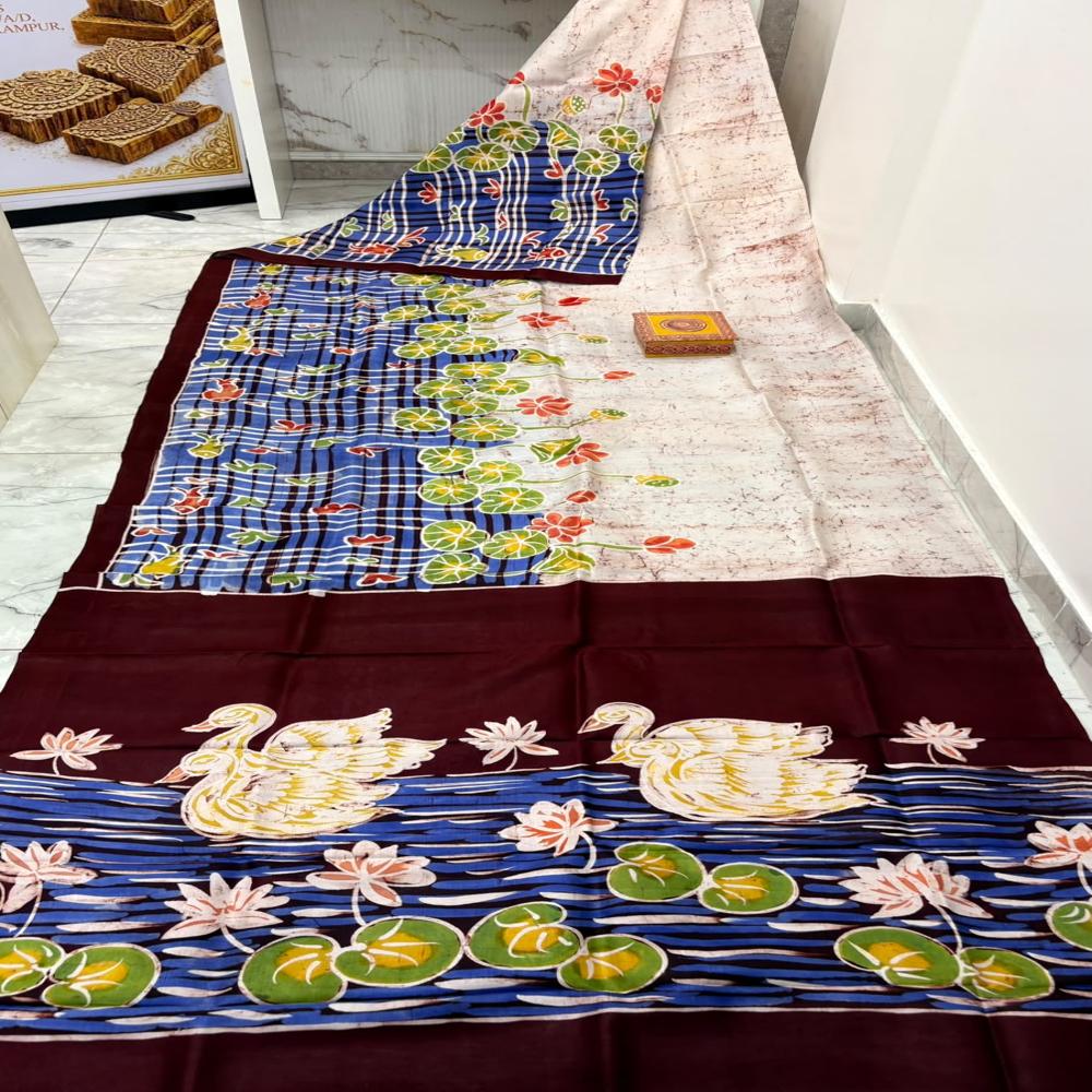 PURE MURSHIDABAD SILK HAND BATIK PRINTED SAREE
