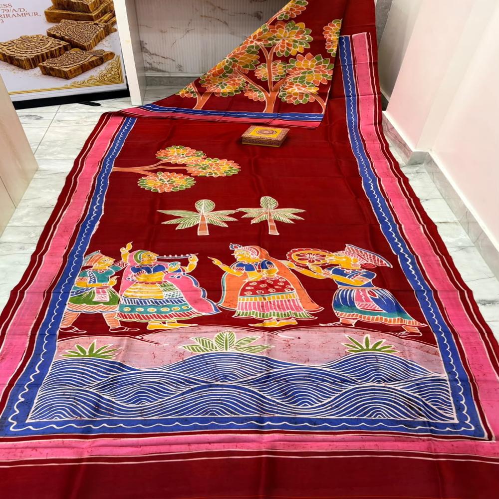 PURE MURSHIDABAD SILK HAND BATIK PRINTED SAREE