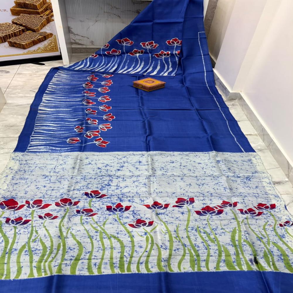 PURE MURSHIDABAD SILK HAND BATIK PRINTED SAREE