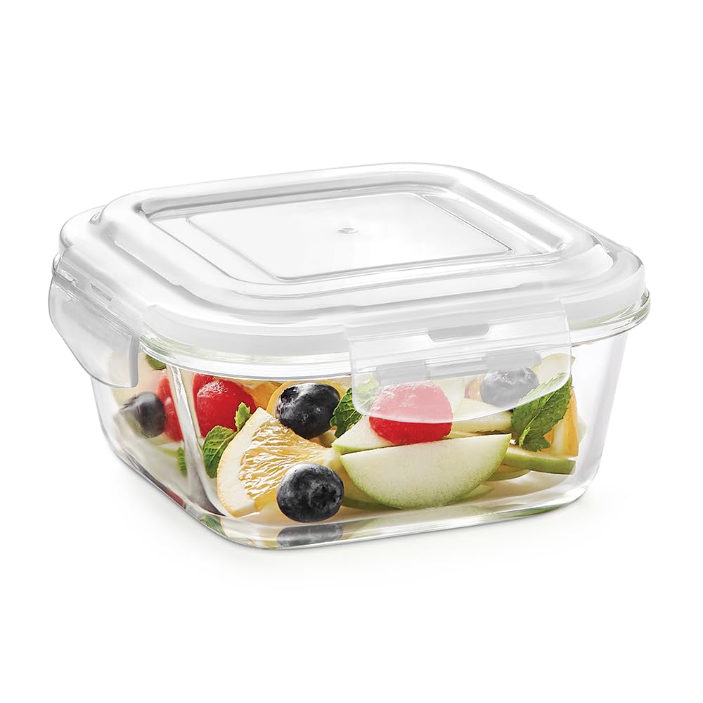 Borosil 800 ml Kube Pink Food Storage Container with Air Tight Lid | Square Shape Borosilicate Glass Organiser | Microwave & Dishwasher Safe | For Fridge, Kitchen Storage BGFGBKNS0107