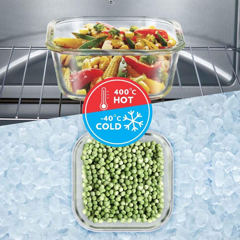 Borosil Klip N Store Glass Storage Container For Kitchen With Air-Tight Lid, Microwave & Oven Safe, Square, 1 L, Clear BGFGBKNS0104