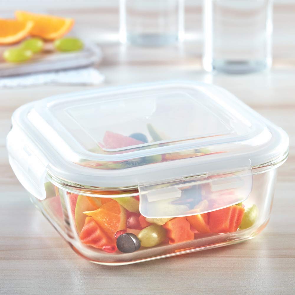 Borosil Klip N Store Glass Storage Container For Kitchen With Air-Tight Lid, Microwave & Oven Safe, Square, 1 L, Clear BGFGBKNS0104