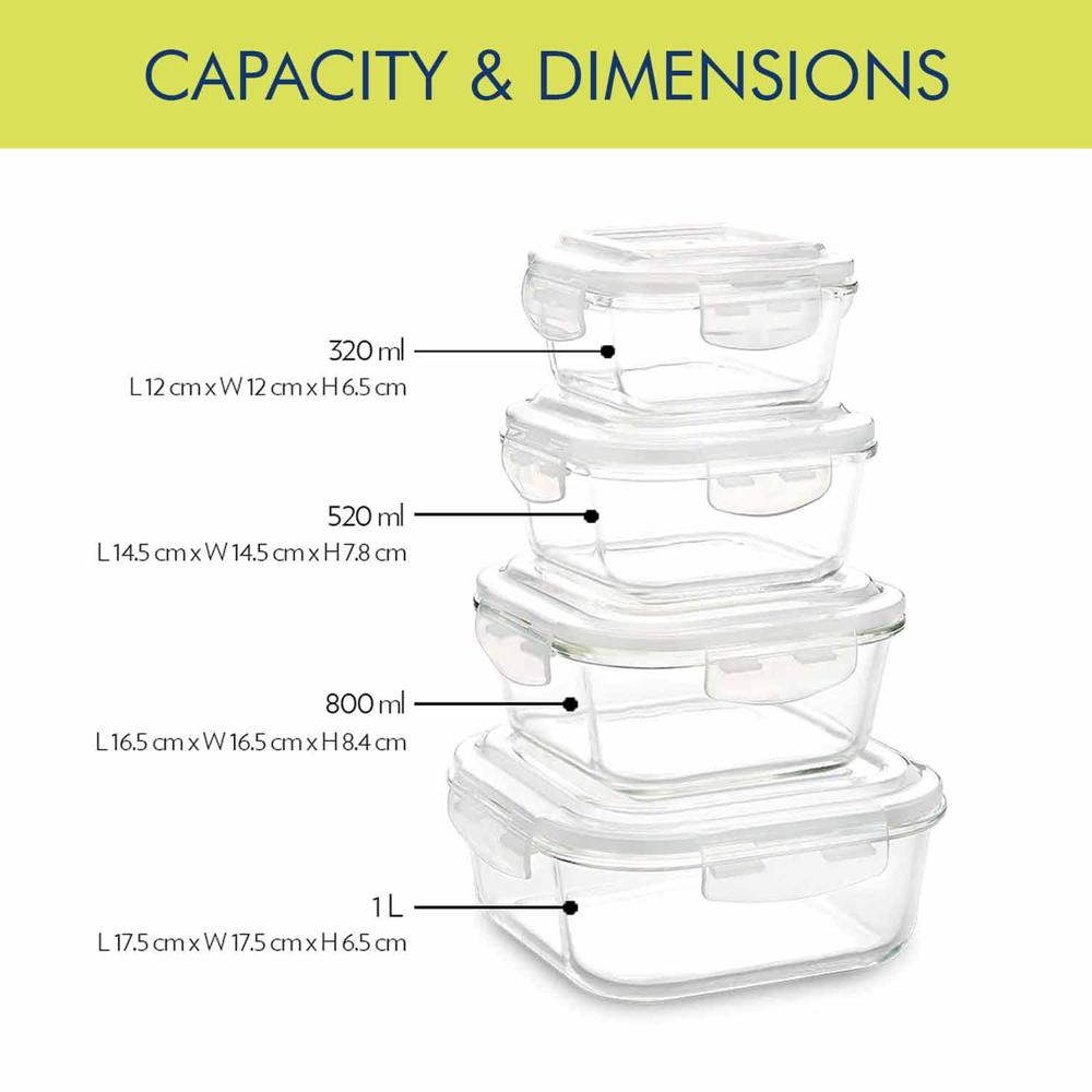 Borosil Klip N Store Glass Storage Container For Kitchen With Air-Tight Lid, Microwave & Oven Safe, Square, 1 L, Clear BGFGBKNS0104