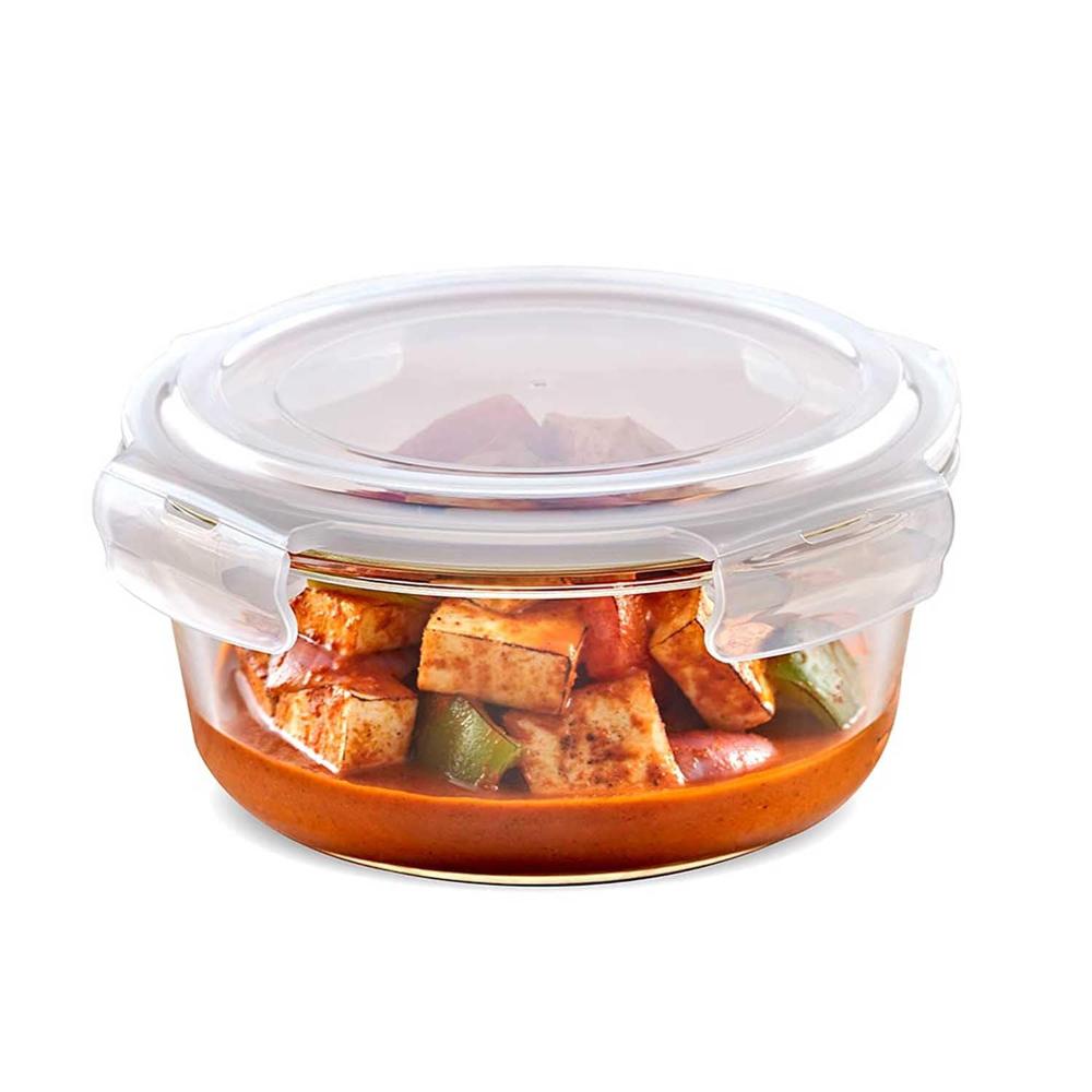 Borosil 400ml Klip n Store Round Glass Food Storage Container with Air Tight Lid | Borosilicate Glass Container for Lunchbox | Microwave & Dishwasher Safe | Transparent BGFGBKNS0101