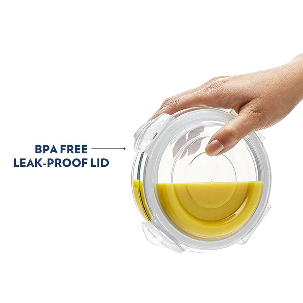 Borosil 400ml Klip n Store Round Glass Food Storage Container with Air Tight Lid | Borosilicate Glass Container for Lunchbox | Microwave & Dishwasher Safe | Transparent BGFGBKNS0101